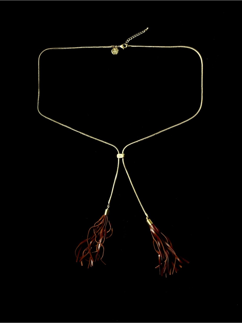 WHITE HOUSE BLACK MARKET Gold-Tone Brown Leather Tassel Lariat Necklace